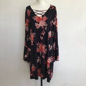 Planet Gold Women Elegant Plus 3X Black Red Floral Long Sleeve Flowy Dress